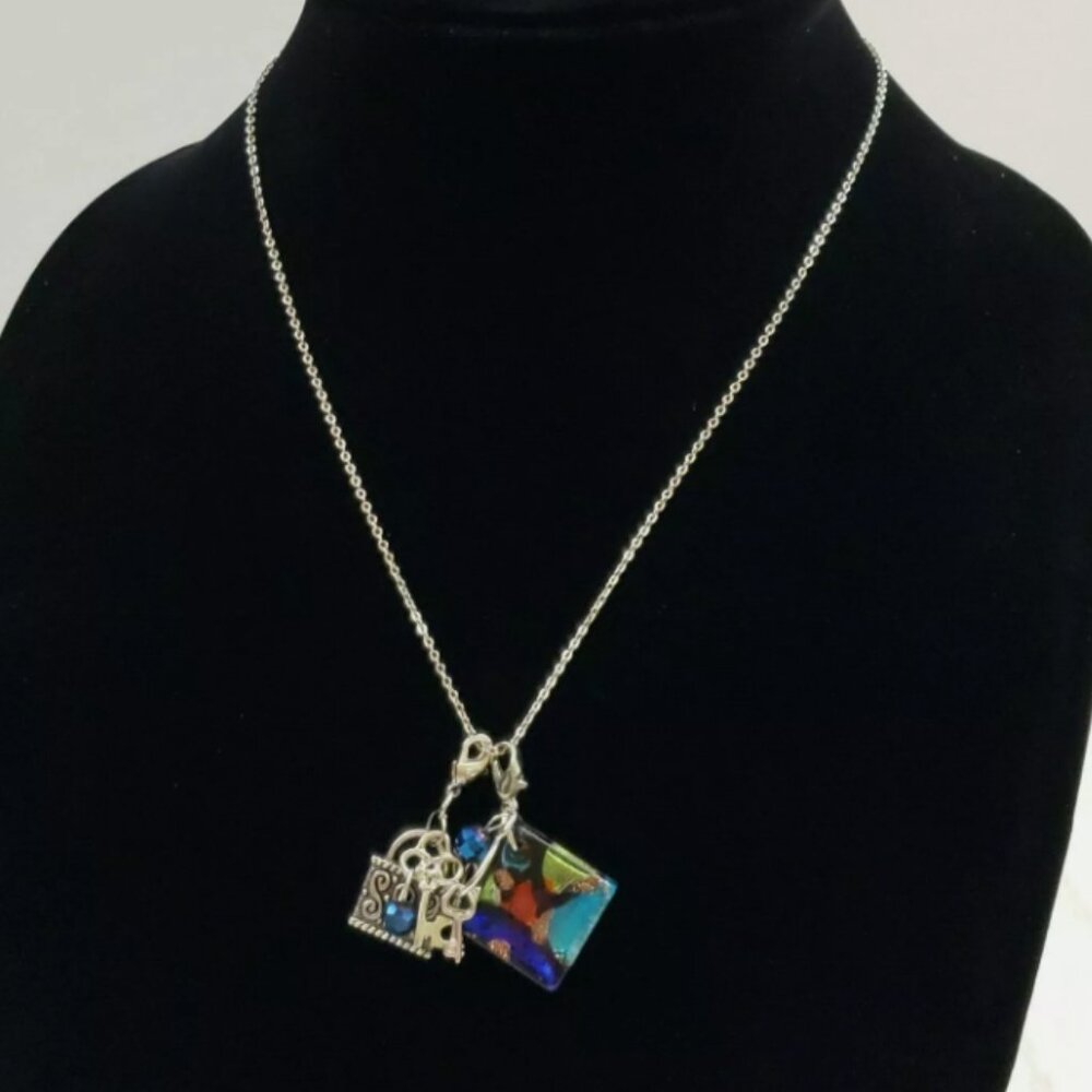 Artisan Multi Charm Silver Tone Necklace Skeleton Keys Lock 18K GF Chain